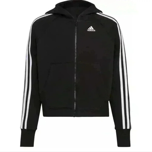 NWT Girls Adidas Zip Up Sweatshirt Hooded Fleece Black Size Medium 10/12 - Picture 1 of 8